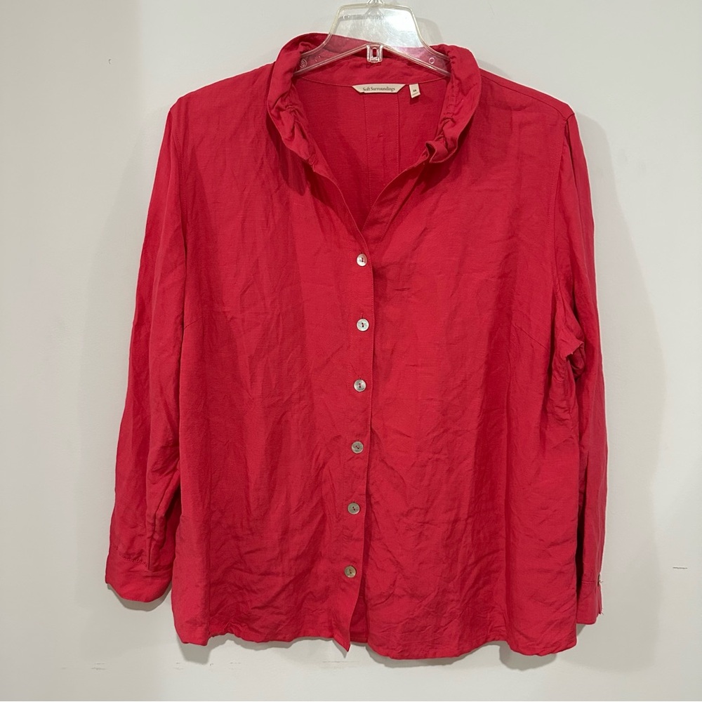 Soft Surroundings Blouse size 2X Button Up Top Bright Pink Linen Long Sleeve
